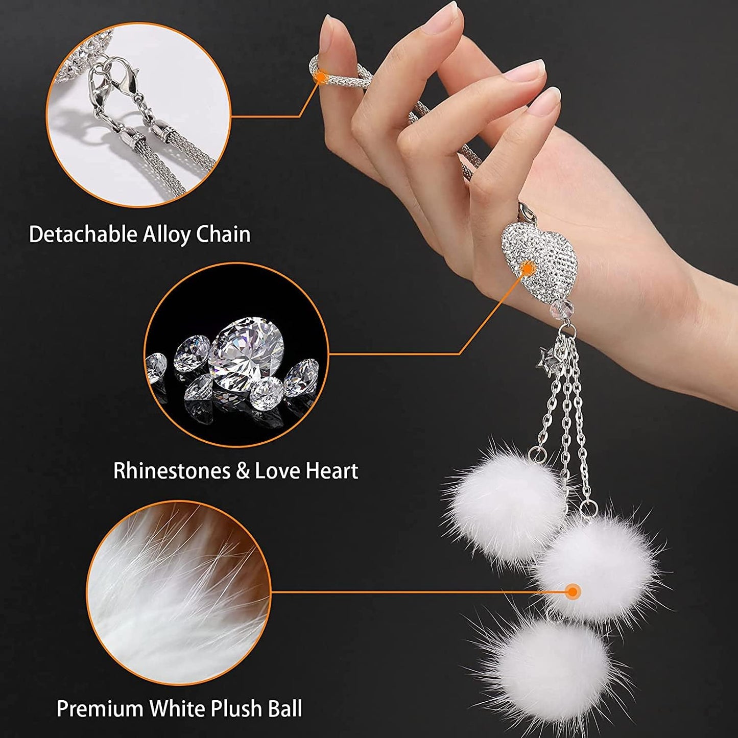 Bling Car Rear View Mirror Hanging Accessories for Women, Rhinestone Diamond Love Heart, Imitation Pearl and White Plush Ball Car Rearview Mirror Charms, Lucky Ornament Pendant (Heart-White)
