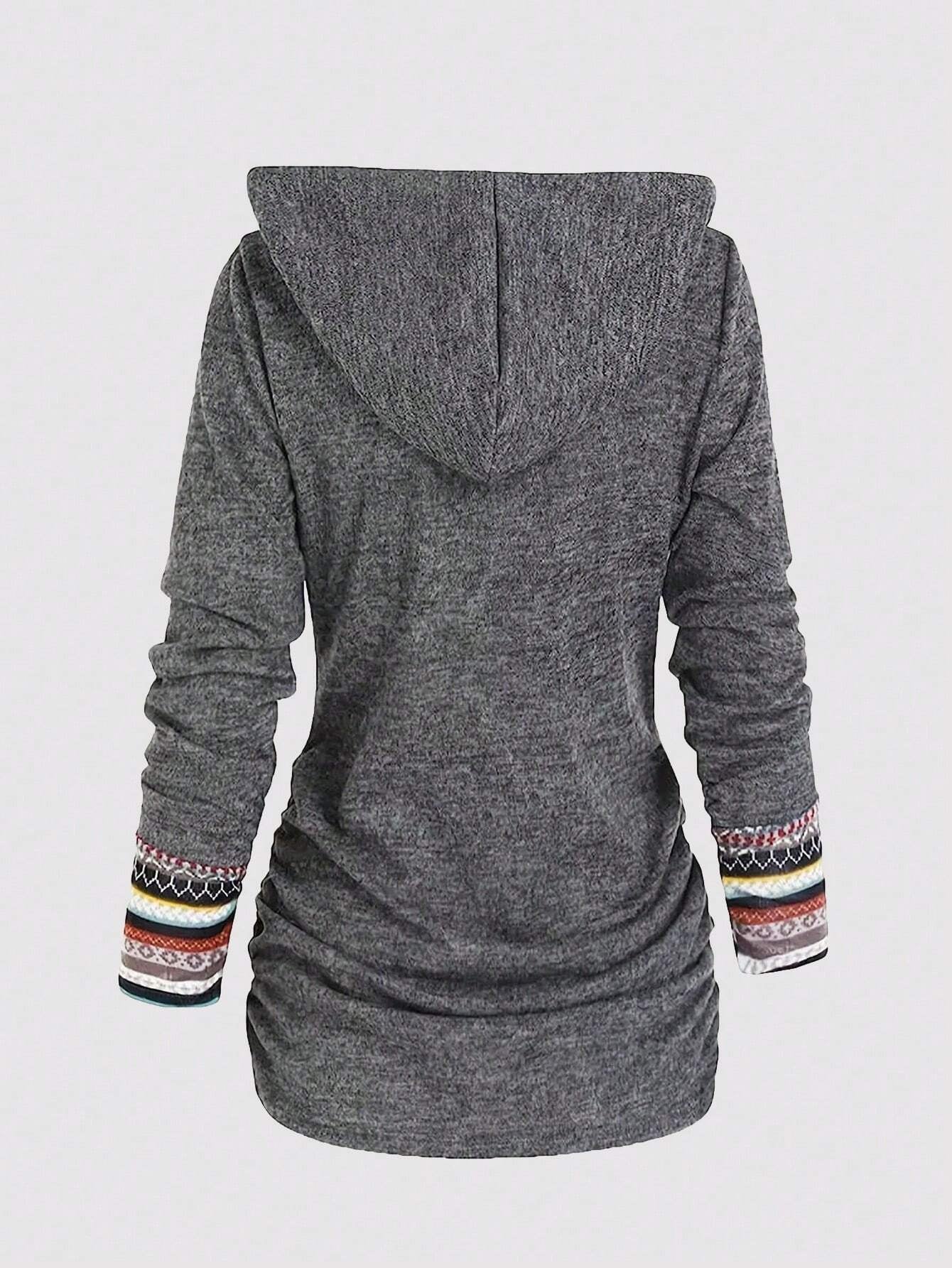 EMERY ROSE Geo Print Button Detail Ruched Side Hooded Tee Graphic Tees Women Tops