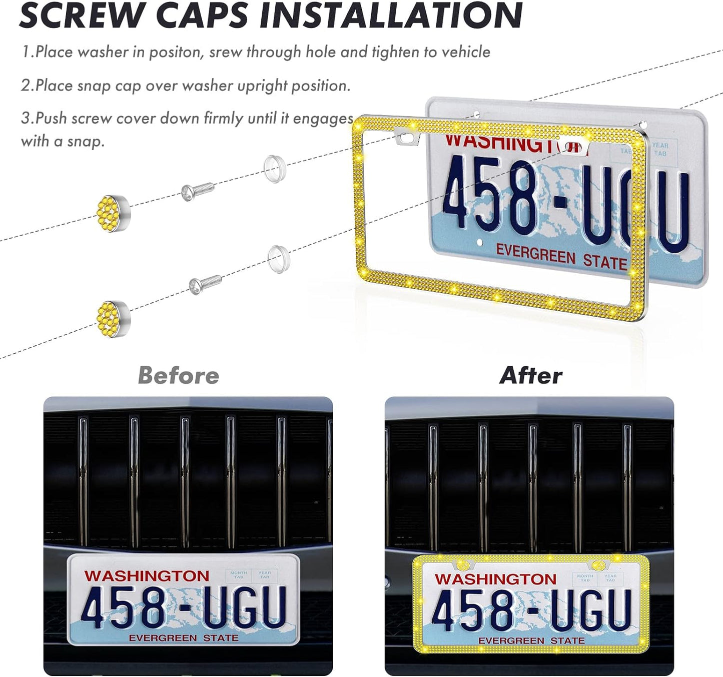 Bling License Plate Frame, Crystal License Plate Cover, Car License Plate Holder with Rhinestone Crystal Diamond Screw Set - 2 Pack (AB Color)