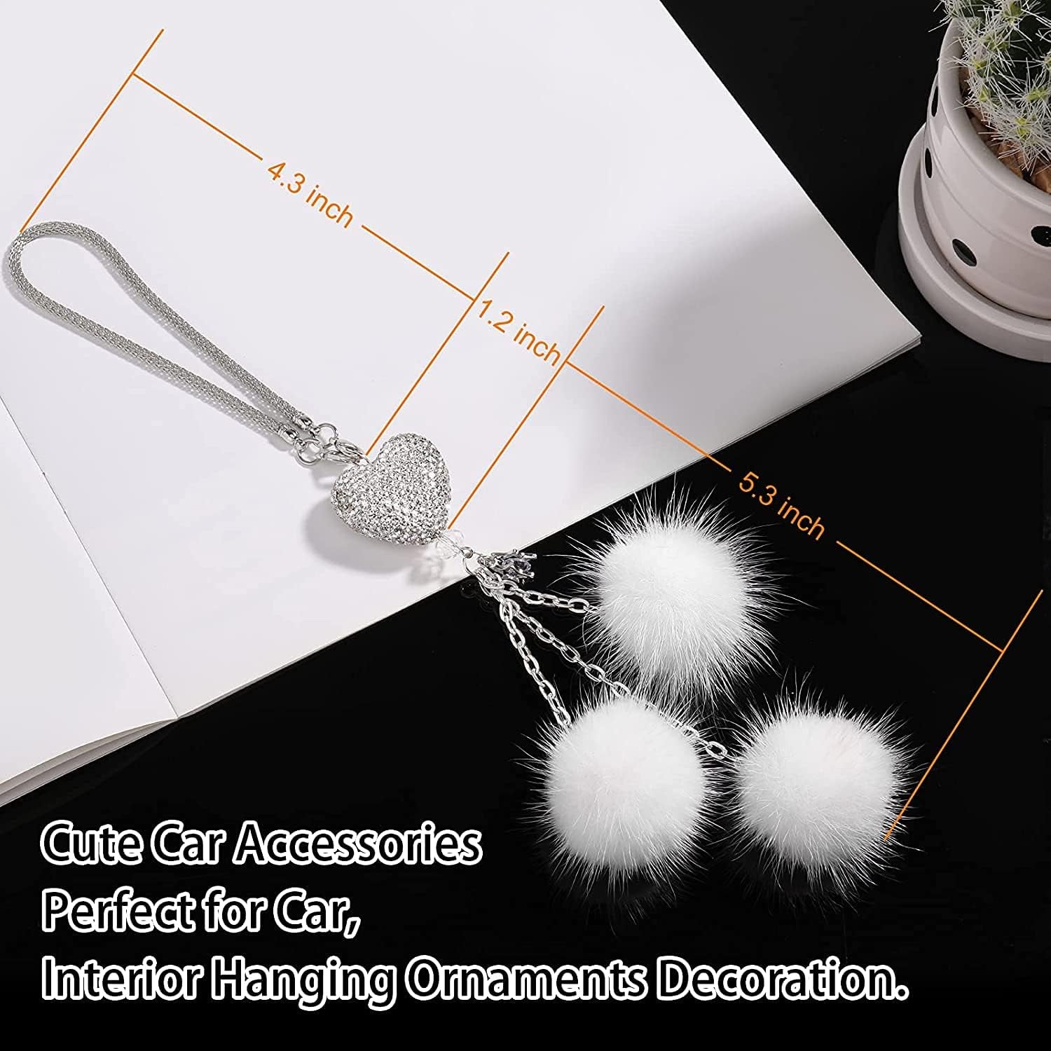 Bling Car Rear View Mirror Hanging Accessories for Women, Rhinestone Diamond Love Heart, Imitation Pearl and White Plush Ball Car Rearview Mirror Charms, Lucky Ornament Pendant (Heart-White)