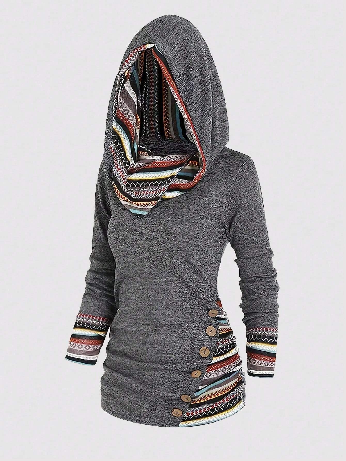 EMERY ROSE Geo Print Button Detail Ruched Side Hooded Tee Graphic Tees Women Tops