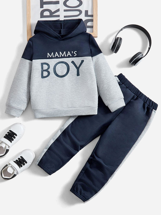 SHEIN 2Pcs/Set Young Boy Casual Colorblock Letter Print Fleece Hoodie & Pants Winter Outfit