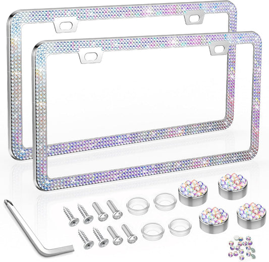 Bling License Plate Frame, Crystal License Plate Cover, Car License Plate Holder with Rhinestone Crystal Diamond Screw Set - 2 Pack (AB Color)