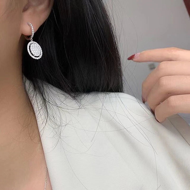Oval Pendant Dangle Earrings for Women Luxury Cubic Zirconia Crystal Bling Bling Lady'S Earrings Simple Classic Jewelry