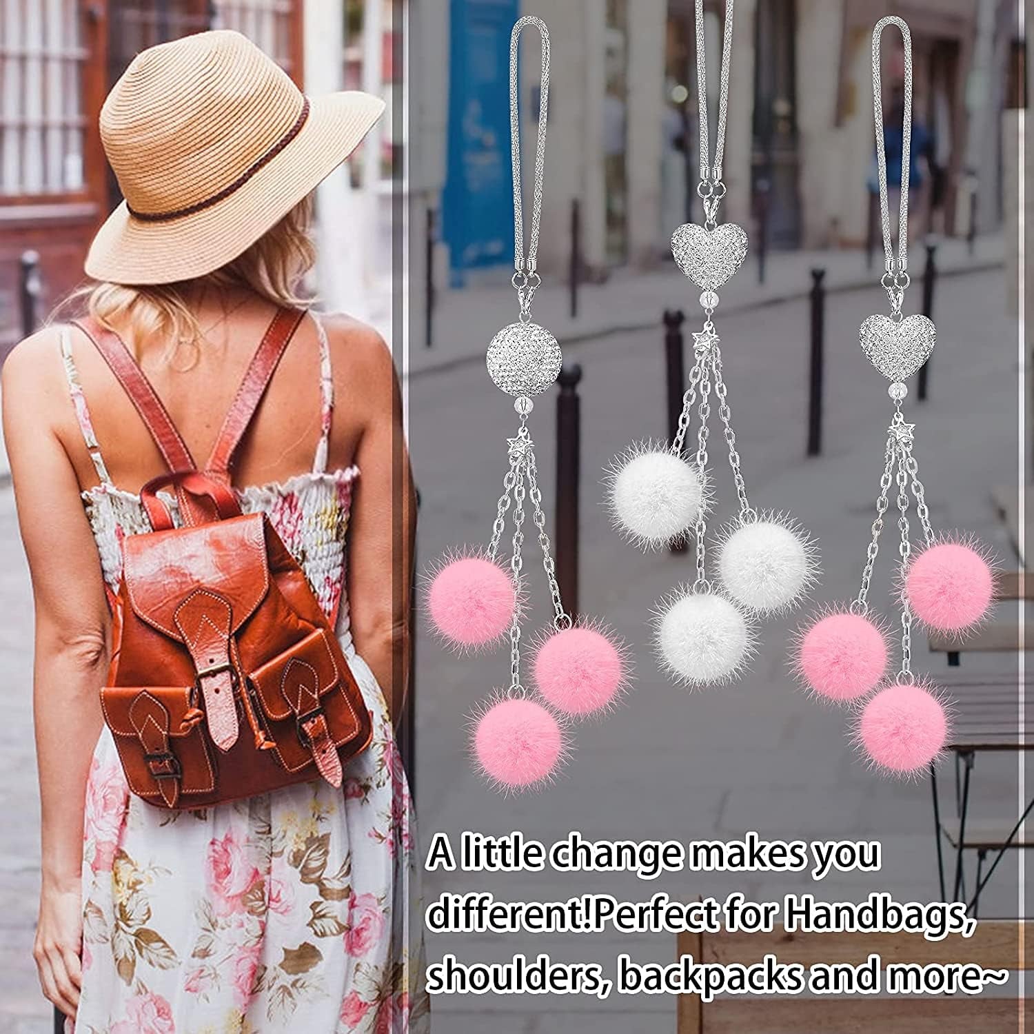 Bling Car Rear View Mirror Hanging Accessories for Women, Rhinestone Diamond Love Heart, Imitation Pearl and White Plush Ball Car Rearview Mirror Charms, Lucky Ornament Pendant (Heart-White)