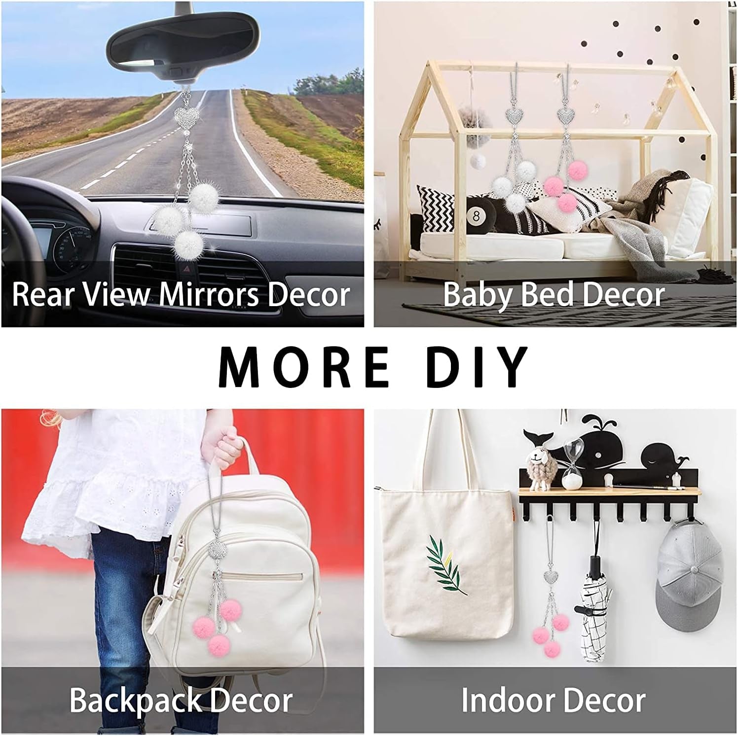 Bling Car Rear View Mirror Hanging Accessories for Women, Rhinestone Diamond Love Heart, Imitation Pearl and White Plush Ball Car Rearview Mirror Charms, Lucky Ornament Pendant (Heart-White)