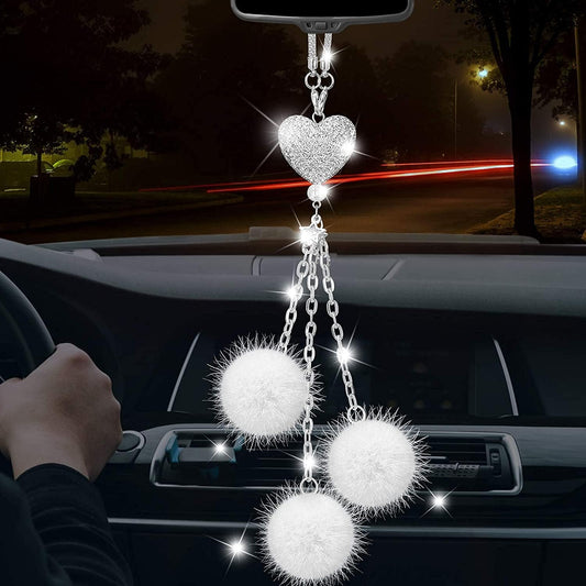 Bling Car Rear View Mirror Hanging Accessories for Women, Rhinestone Diamond Love Heart, Imitation Pearl and White Plush Ball Car Rearview Mirror Charms, Lucky Ornament Pendant (Heart-White)