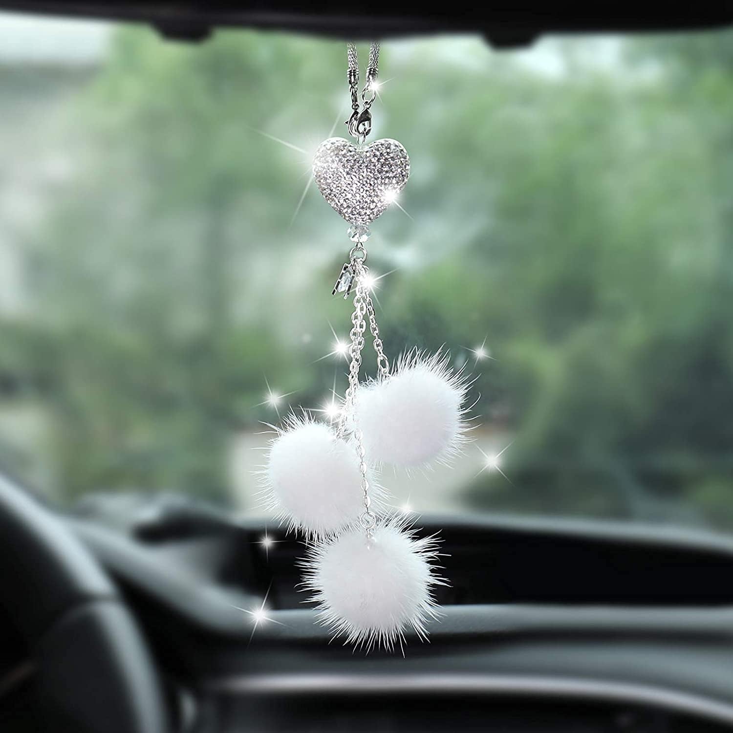Bling Car Rear View Mirror Hanging Accessories for Women, Rhinestone Diamond Love Heart, Imitation Pearl and White Plush Ball Car Rearview Mirror Charms, Lucky Ornament Pendant (Heart-White)