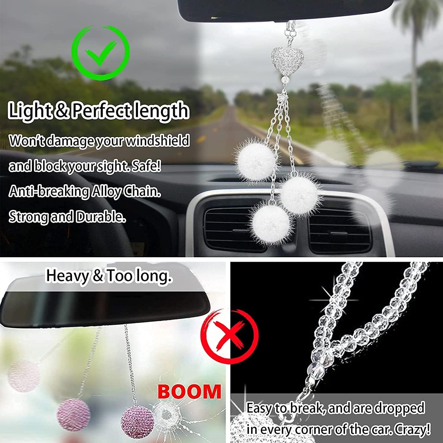 Bling Car Rear View Mirror Hanging Accessories for Women, Rhinestone Diamond Love Heart, Imitation Pearl and White Plush Ball Car Rearview Mirror Charms, Lucky Ornament Pendant (Heart-White)