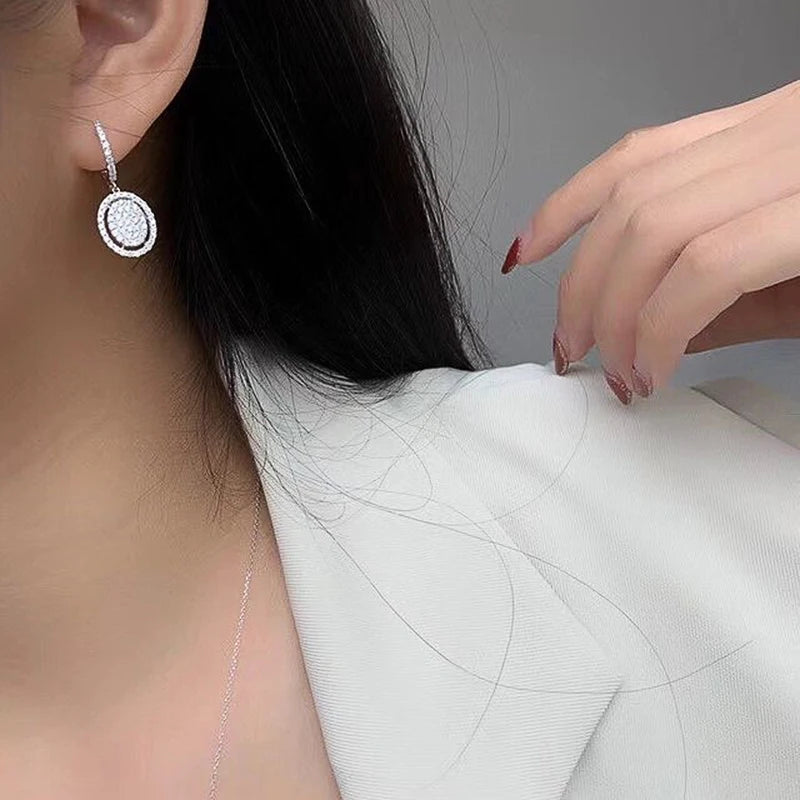 Oval Pendant Dangle Earrings for Women Luxury Cubic Zirconia Crystal Bling Bling Lady'S Earrings Simple Classic Jewelry