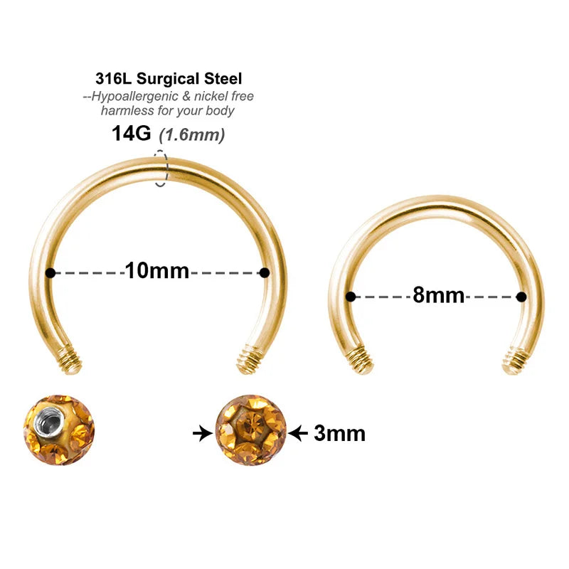 1PC Bling Ferido Nose Septum Rings Horseshoe Piercing Jewelry 16G Cartilage Helix Tragus Earrings Hoop Lip Piercing Retainer 8Mm