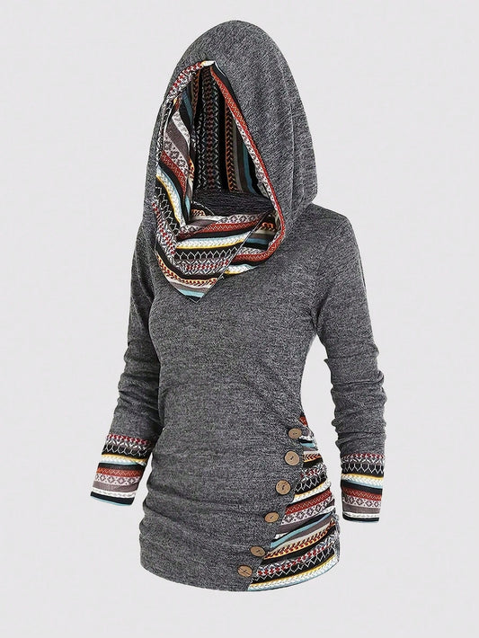EMERY ROSE Geo Print Button Detail Ruched Side Hooded Tee Graphic Tees Women Tops